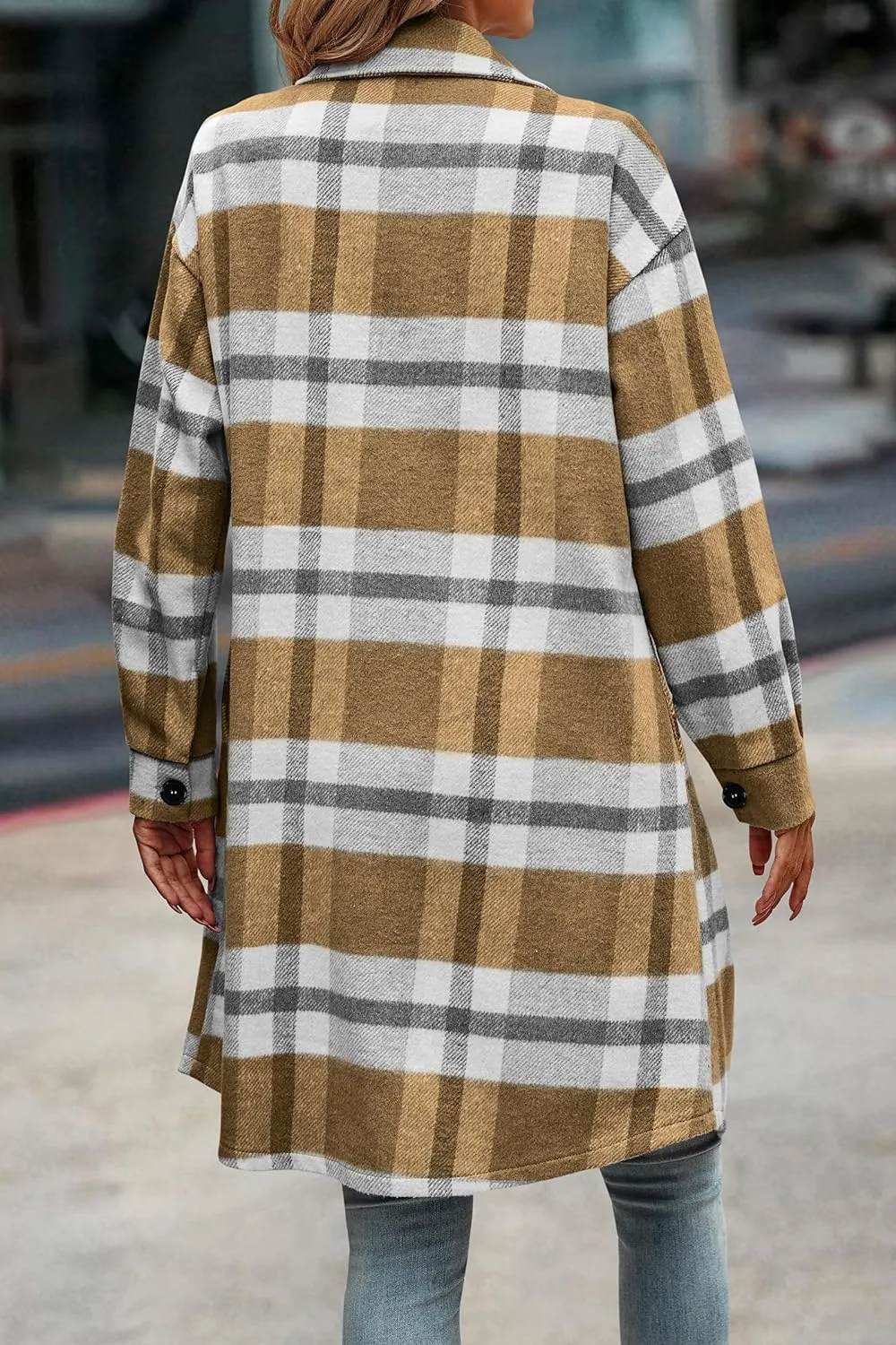 Women's Plaid Shacket 2023 Long Sleeve Button Up Flannel Shirt Winter Tartan Jacket Woolen Coats