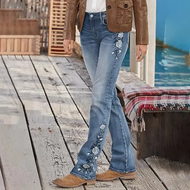 Women‘s Low Rise Jeans Bootcut Flared Pants Full Length Denim Embroidered Side Pockets Stretchy High Waist Fashion Casual Office Vacation Robin‘s Egg Blue S M