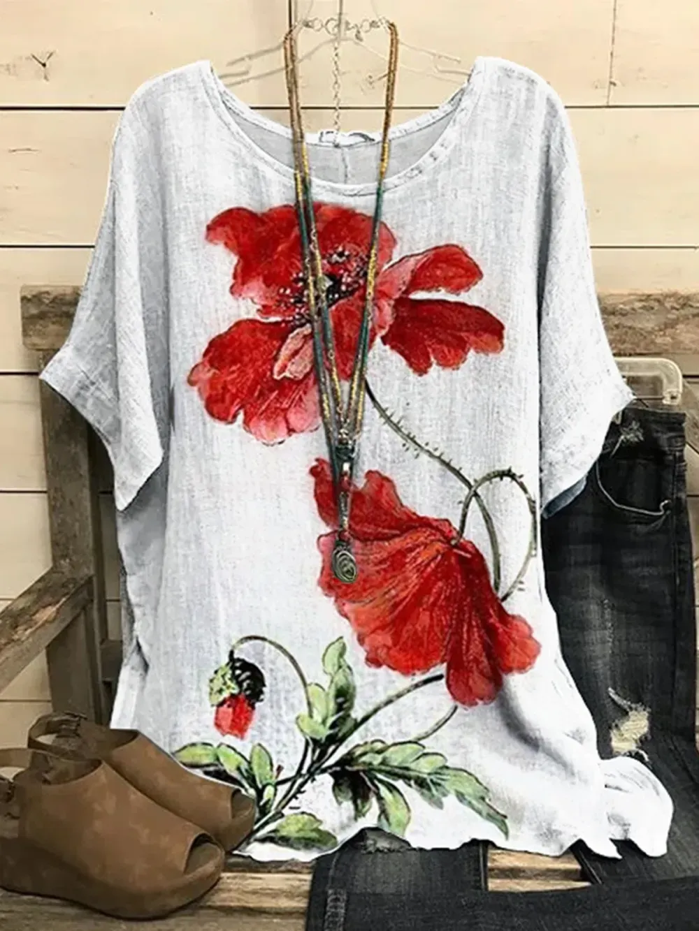 (Clearance Sale⚡)Crew Neck Floral Casual Red Flower Batwing Sleeve Slit Tops