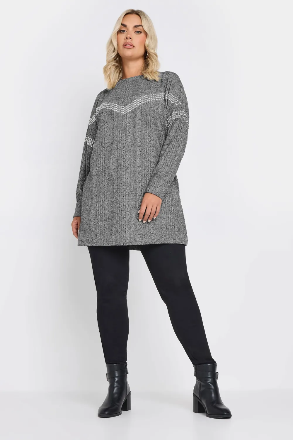 YOURS Curve Grey Ribbed Chevron Stud Jumper