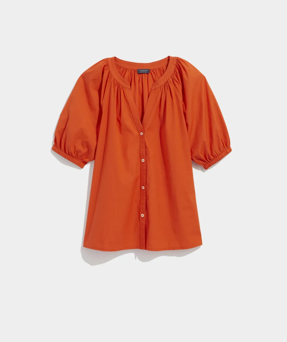 Poplin Button-Front Raglan Top