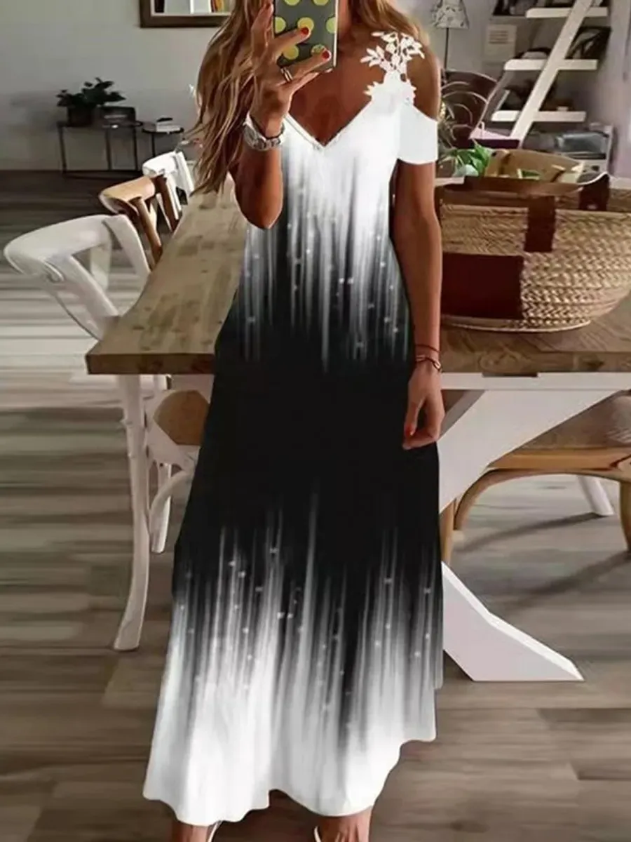 Casual Floral Print Panel V-Neck Short Sleeve Maxi Dress