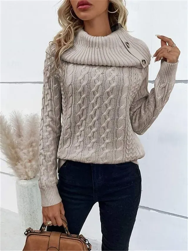 Women's Sweater Pullover Sweater Jumper Casual Soft Pure Color Ribbed Turtleneck Buttons Knitted Long Sleeve Regular Tops Knit Outdoor Daily Weekend Wine Khaki Fall Winter