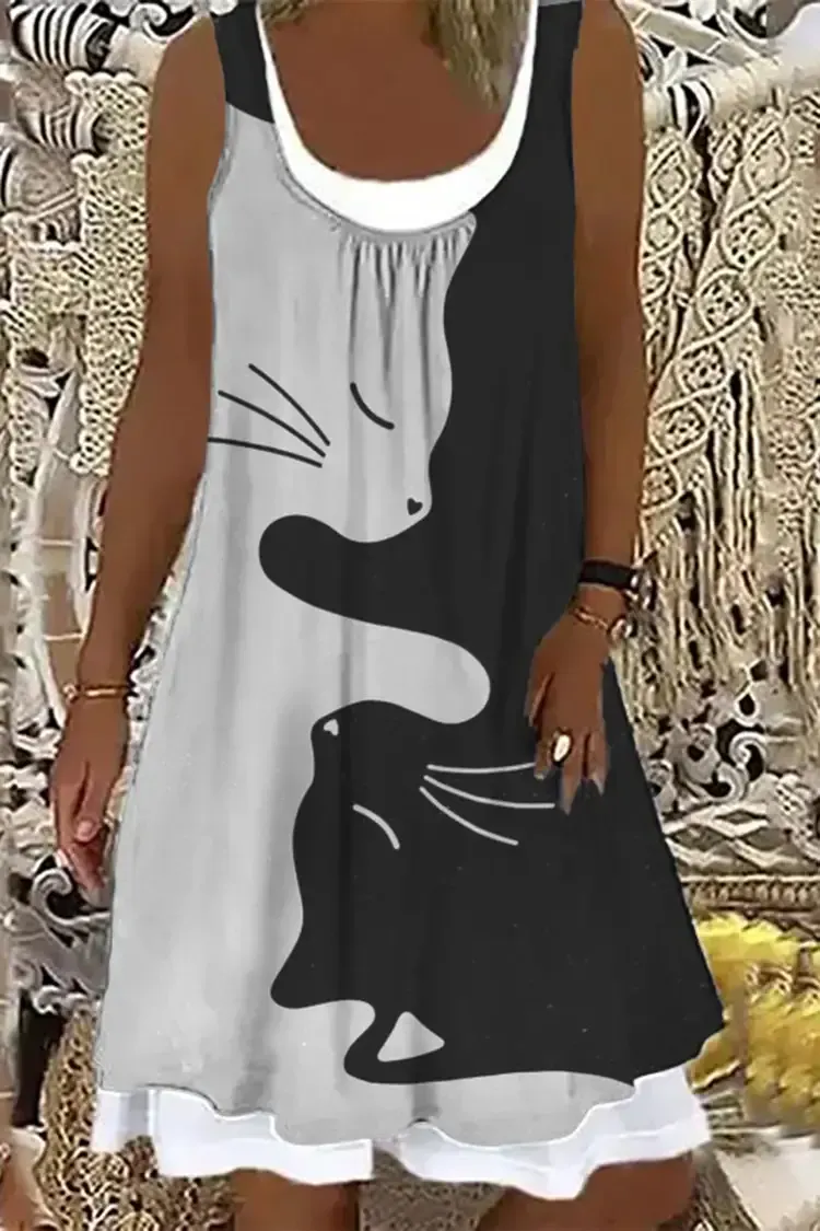 VChics Contrast Cat Print Casual Sleeveless Midi Dress
