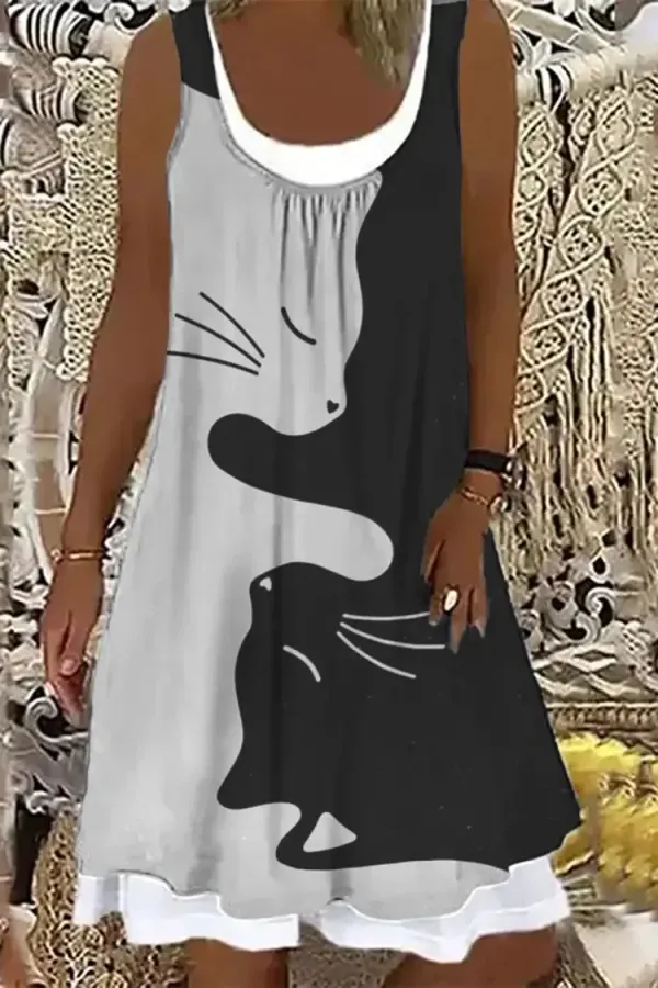 VChics Contrast Cat Print Casual Sleeveless Midi Dress
