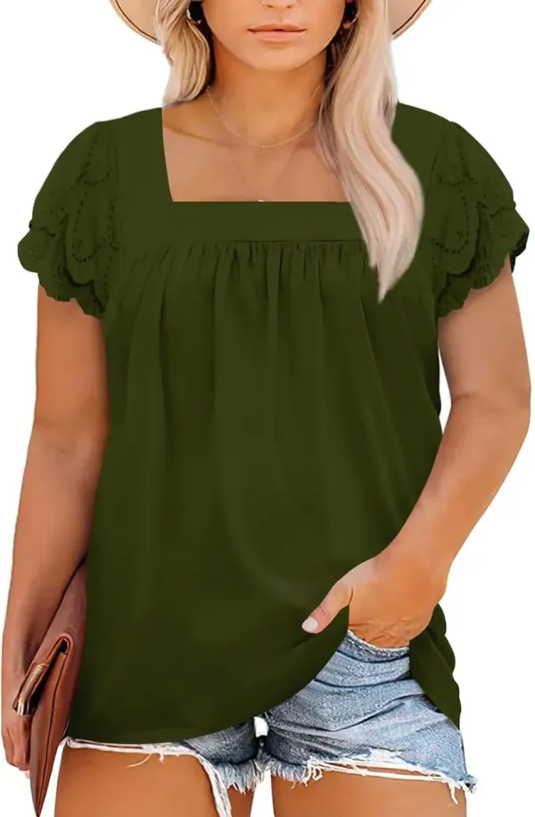 Eytino Womens Plus Size Tops Ruffle Short Sleeve Square Neck Summer Loose Casual Tee Shirts(1X-5X)