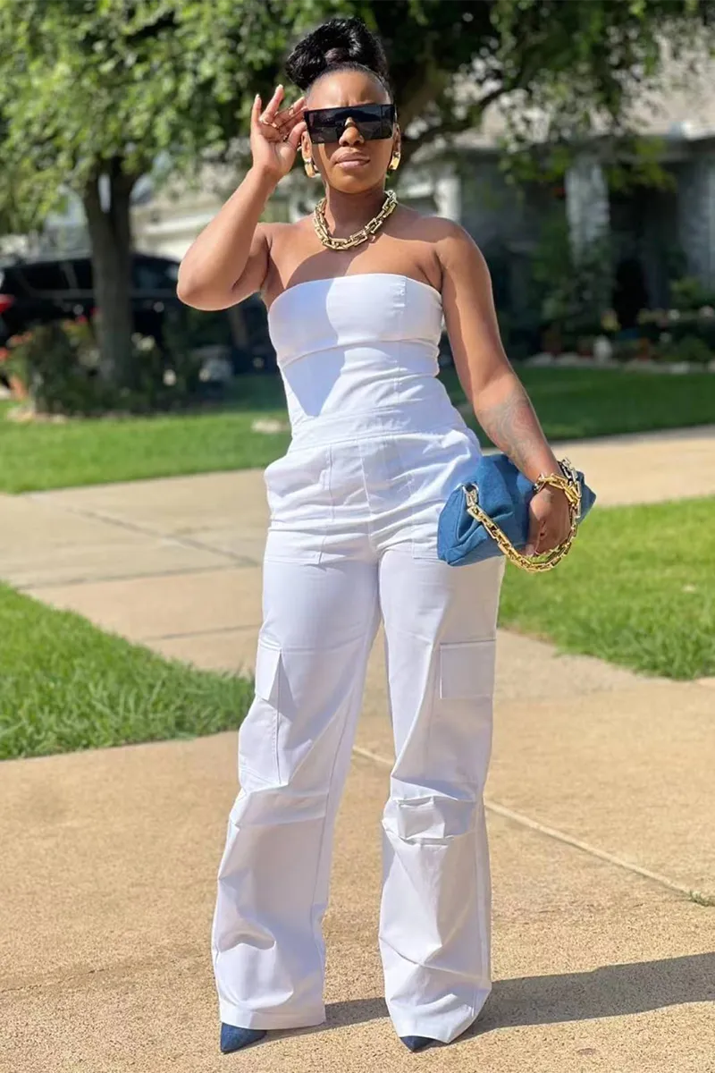 Strapless High Waist Straight Leg Pockets Cargo Jumpsuit-White