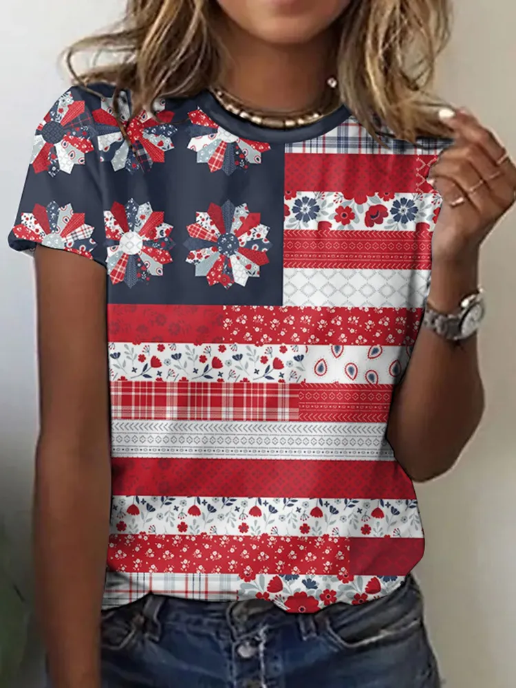 Women's Independence Day American Beauty Flag Panel Pattern Art Crew Neck T-shirt