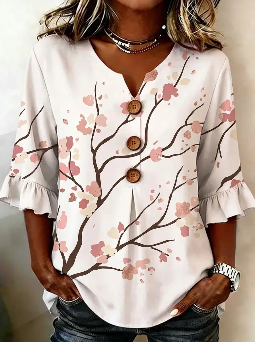 Women's Nashville Cherry Blossom Printed V-neck Button-up Top