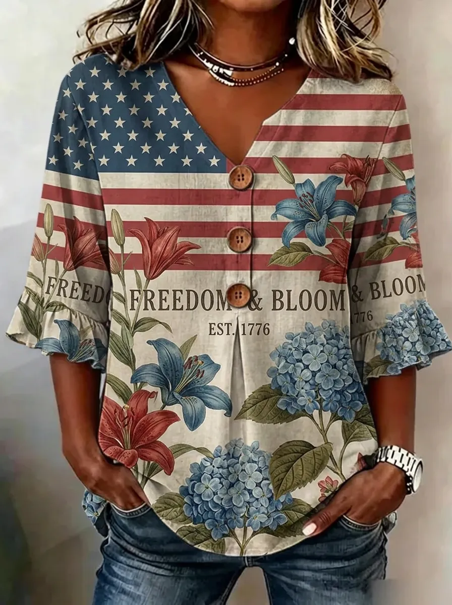 Women's Nashville USA Flag Floral Freedom Bloom Printed V-neck Top