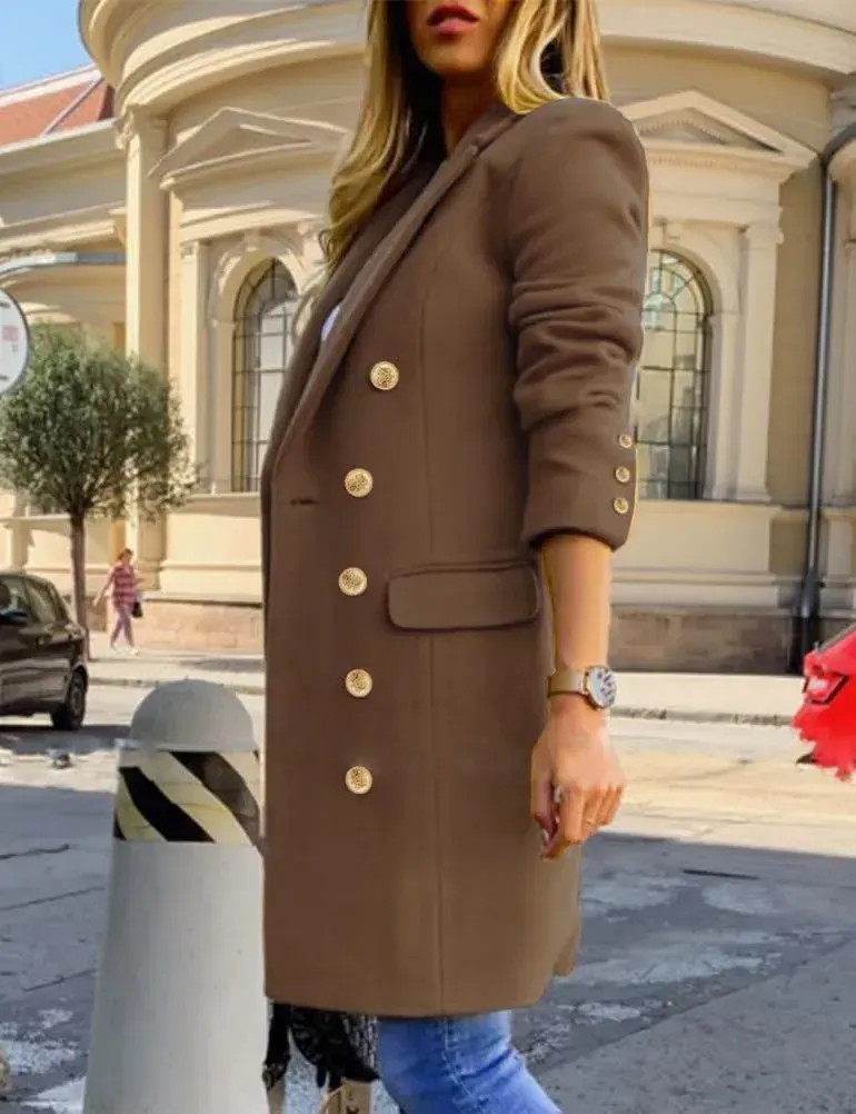 Womens Fall Winter Wool Coats Double Breasted Midi Peacoat Trench Coats