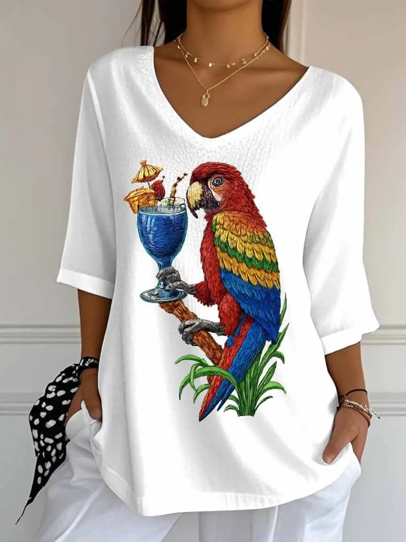 Women's Retro Parrot Margarita Print Mid Sleeve T-Shirt上报