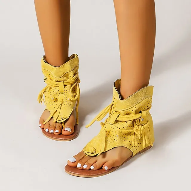 Women's Sandals Flat Sandals Gladiator Sandals Roman Sandals Outdoor Daily Beach Summer Lace-up Flat Heel Open Toe Vintage Casual Canvas Synthetics Loafer Solid Color Solid Colored Black Yellow Brown