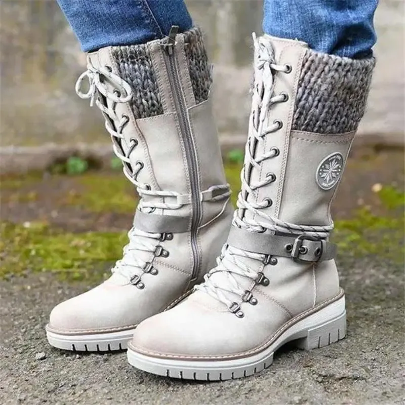 Retro Style Chunky Low Heel Lace Up Knitted Mid-Calf Boots