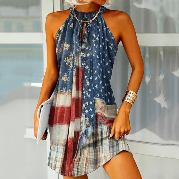 Women's Vintage Independence Day Flag Check Halter Dress