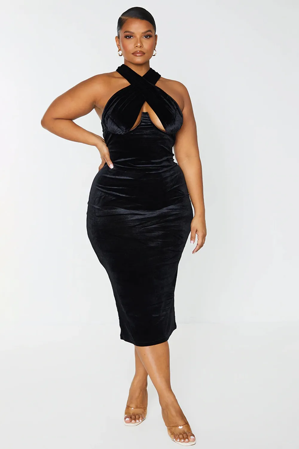 Plus Black Velvet Underwired Cross Front Midi Dress