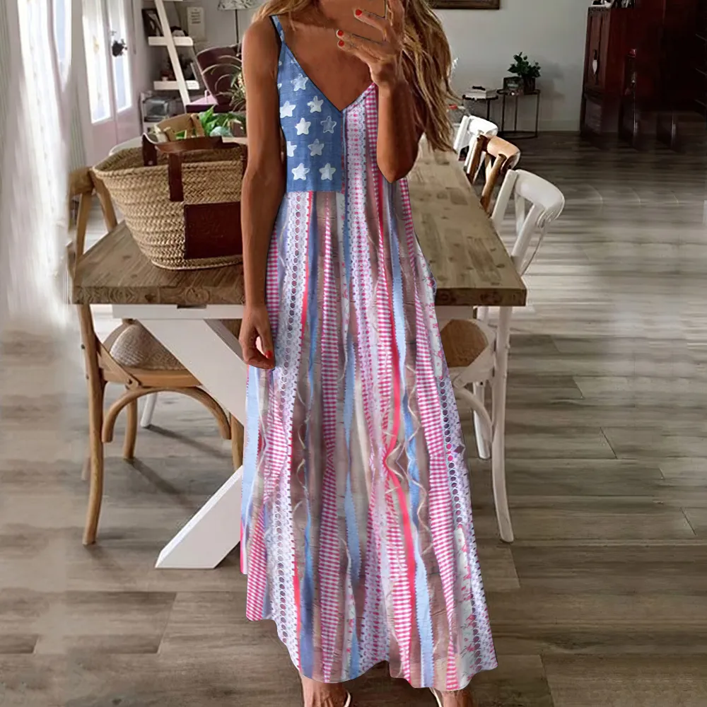 Independence Day Flag Western Tassel Print Slip Maxi Dress