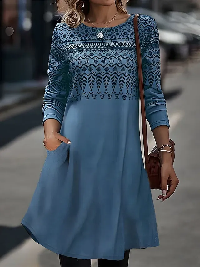 Women's Casual Dress T Shirt Dress Tee Dress Print Dress Geometric Color Block Pocket Print Crew Neck Midi Dress Fashion Streetwear Outdoor Daily Long Sleeve Regular Fit Blue Fuchsia Brown Spring Fall