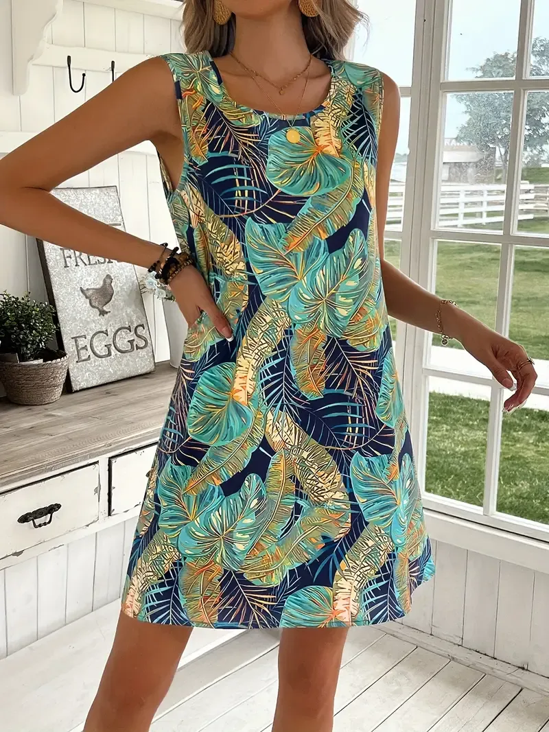 Tropical Leaf Print Sleeveless Tank Dress, Elegant Crew Neck A-line Tank Dress For Spring & Summer, Women's Clothing