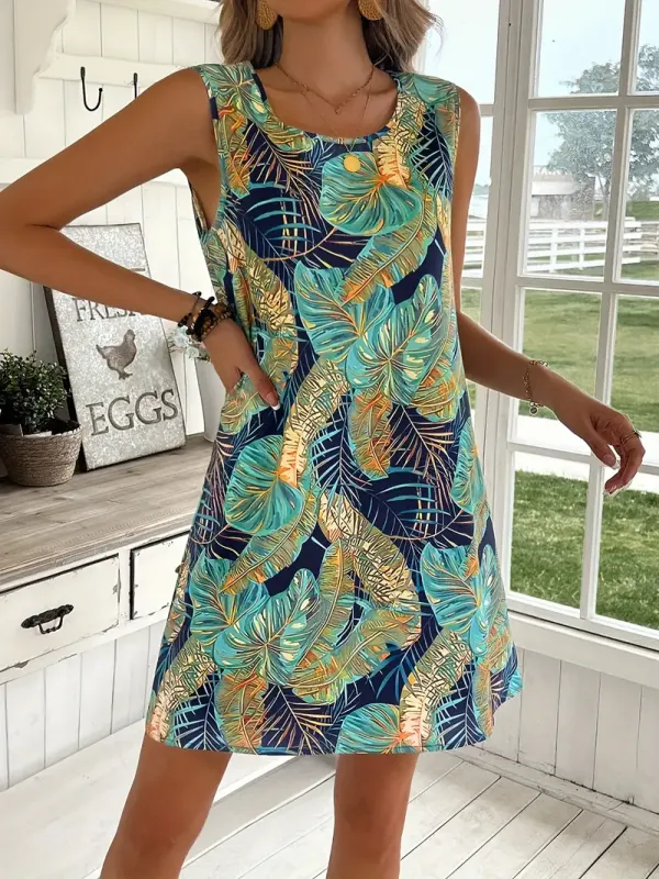 Tropical Leaf Print Sleeveless Tank Dress, Elegant Crew Neck A-line Tank Dress For Spring & Summer, Women's Clothing