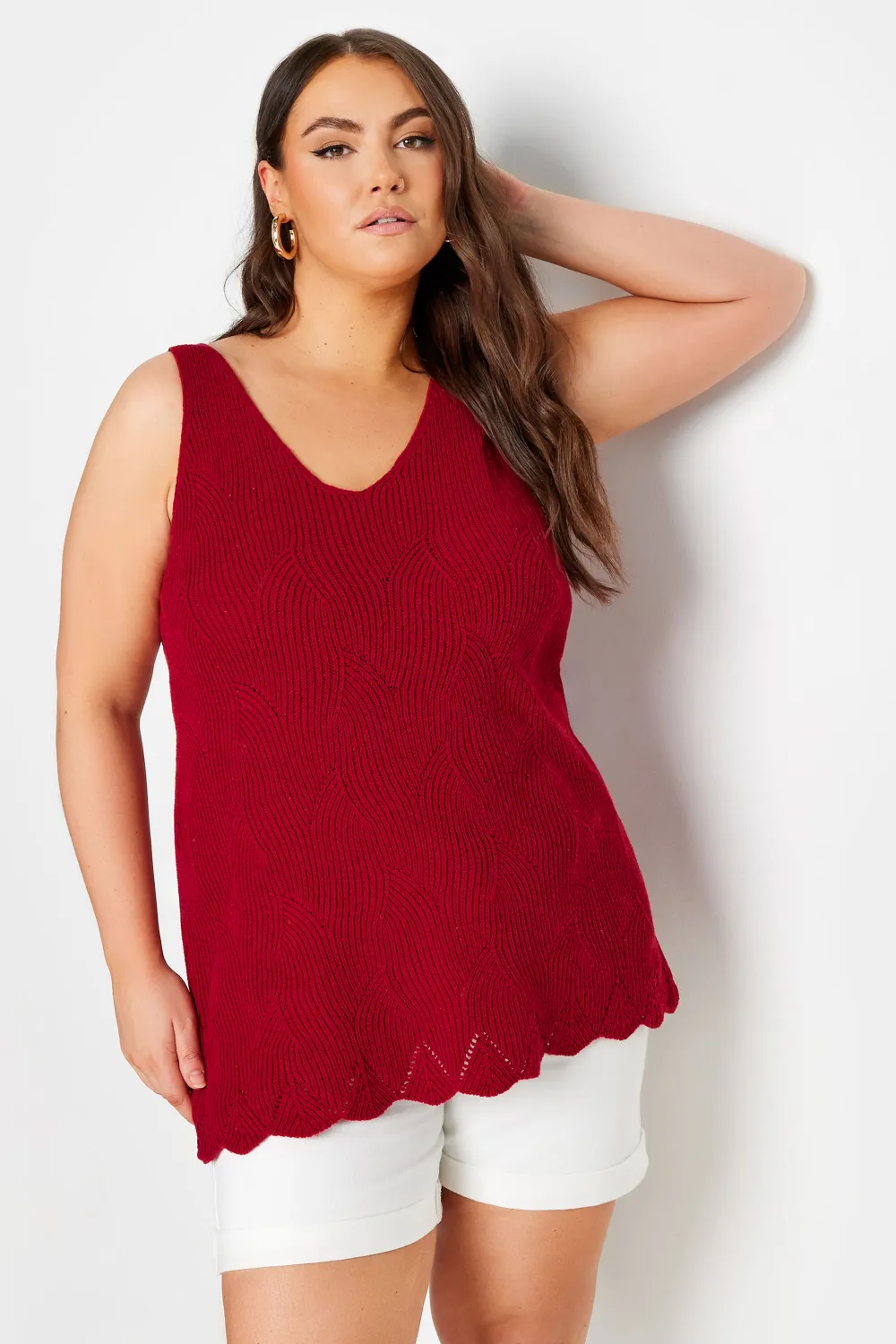 YOURS Curve Red Scallop Hem Knitted Vest Top