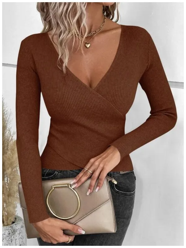 Ribbed Knit Wrap Cross Sweater