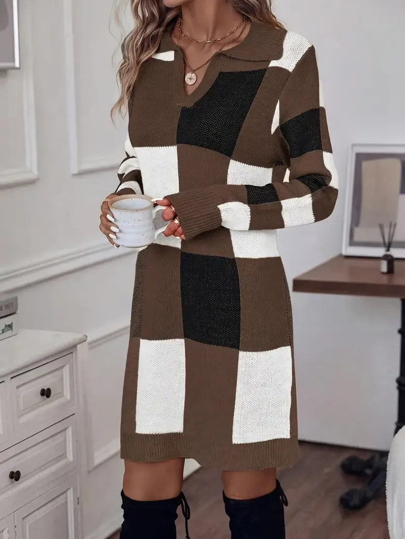 Plaid Pattern Notched Neck Sweater Dress, Elegant Long Sleeve Slim Dress For Fall & Winter, Women's Clothing