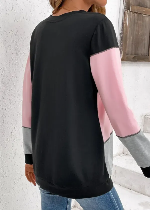 Light Pink Patchwork Long Sleeve Round Neck Sweatshirt