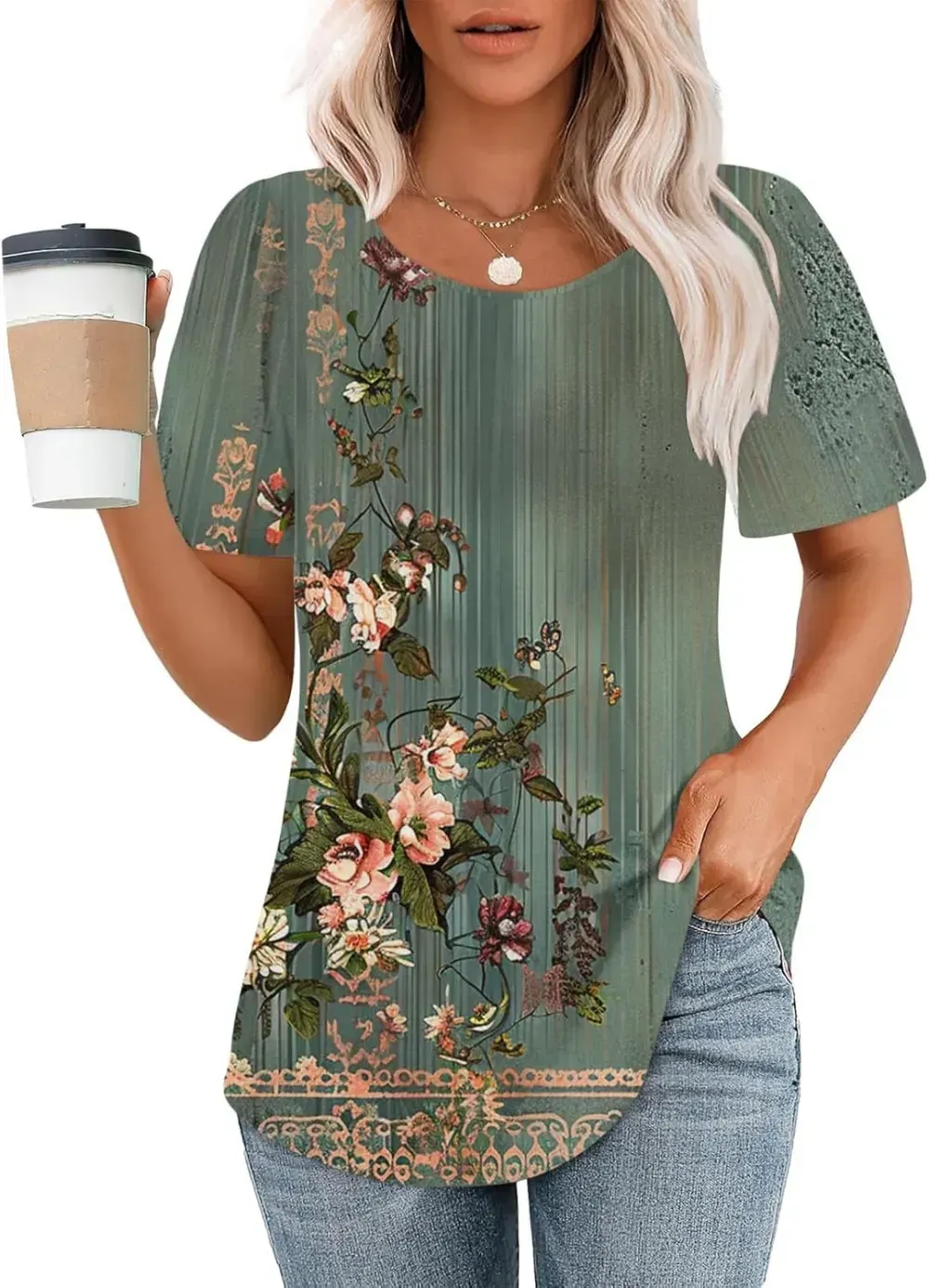 Womens Summer Pleated Front Shirts Tunics Casual Short Sleeved Loose Round Neck Boho Printed Tops Vacation Blouse