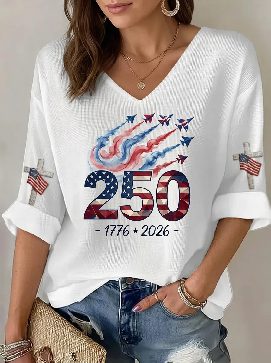 Women's USA 250th Anniversary Jet Cross Flag Printed V-neck Top