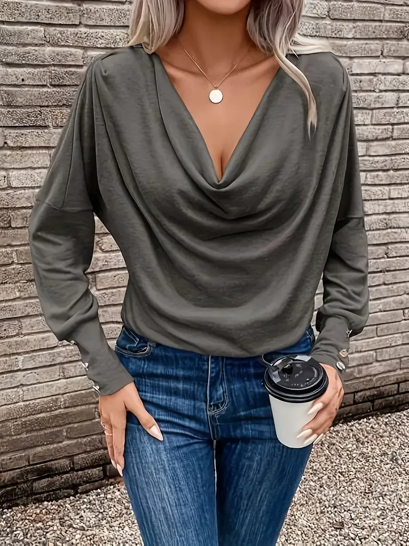 Women'S Elegant Cowl Collar Long Sleeve Knit T-Shirt, Solid Color Polyester 95% Elastane 5% Knit Fabric, Regular Length Spring/Fall Top with Button Detail
