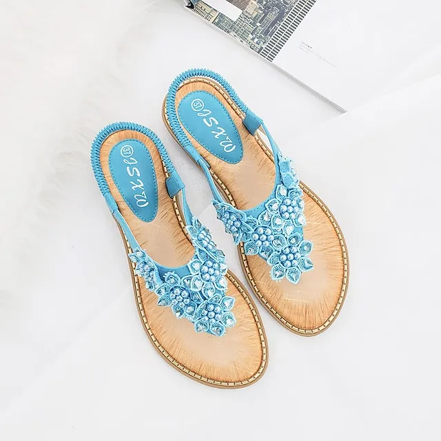 Women's Sandals Flat Sandals Party Beach Summer Rhinestone Flat Heel Round Toe Open Toe Elegant Casual PU Leather Elastic Band Solid Colored Almond Black White