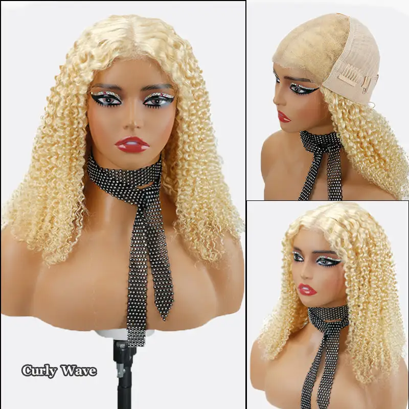Glueless Blonde Curly Wavy 9x6 Flexi-Fit Invisi Drawstring Cap #613 Blonde Bob 100%Human Hair