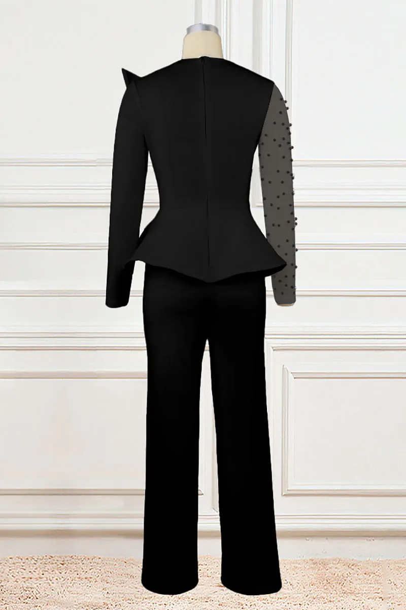 Mesh Patchwork Pearls Long Sleeve Asymmetric Trim Straight Leg Evening White Jumpsuit
