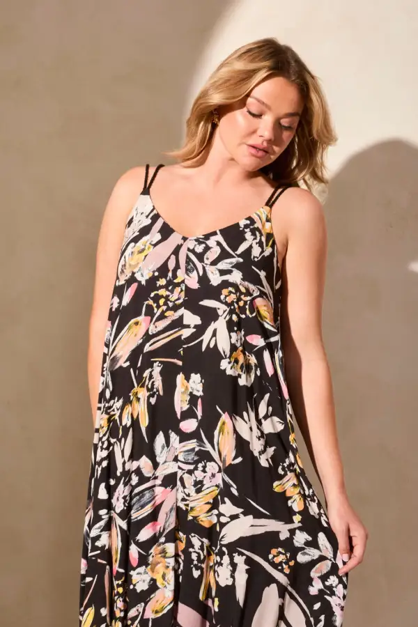 Printed Maxi Dress With Adjustable Straps-Black
