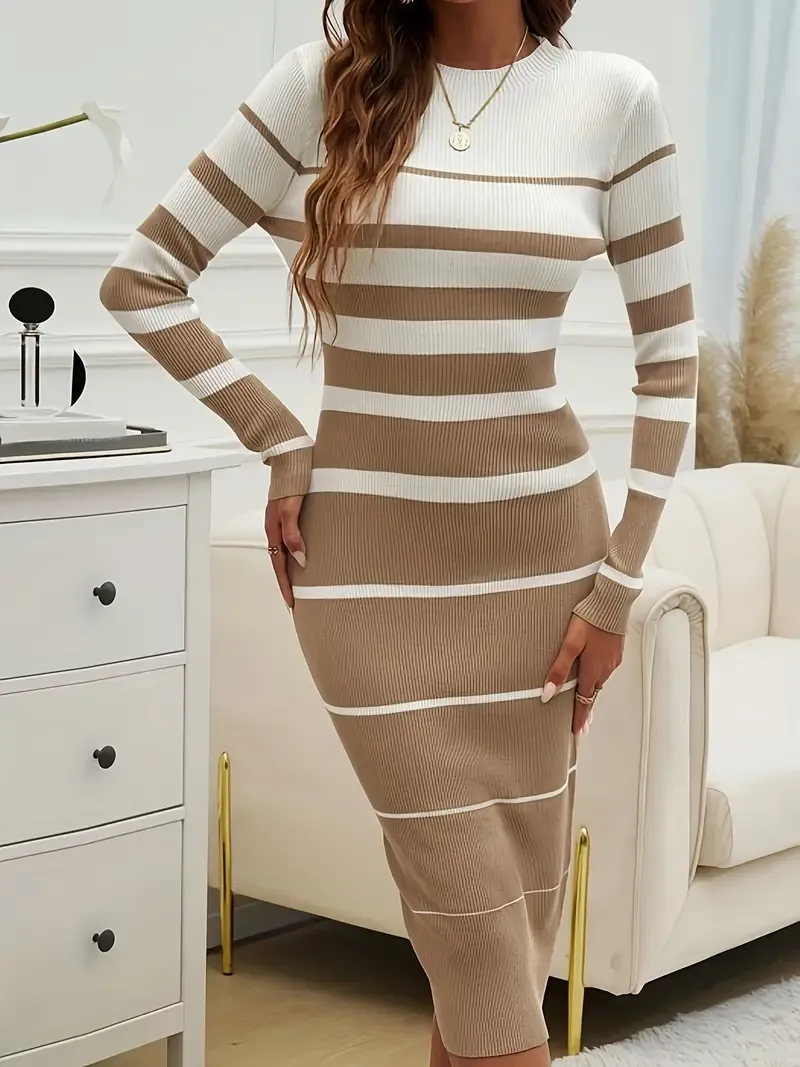 Cozy Comfort, Elegant Striped Knit Sweater Dress - Long Sleeve, Crew Neck, Bodycon Fit for Spring/Autumn | Viscose Blend