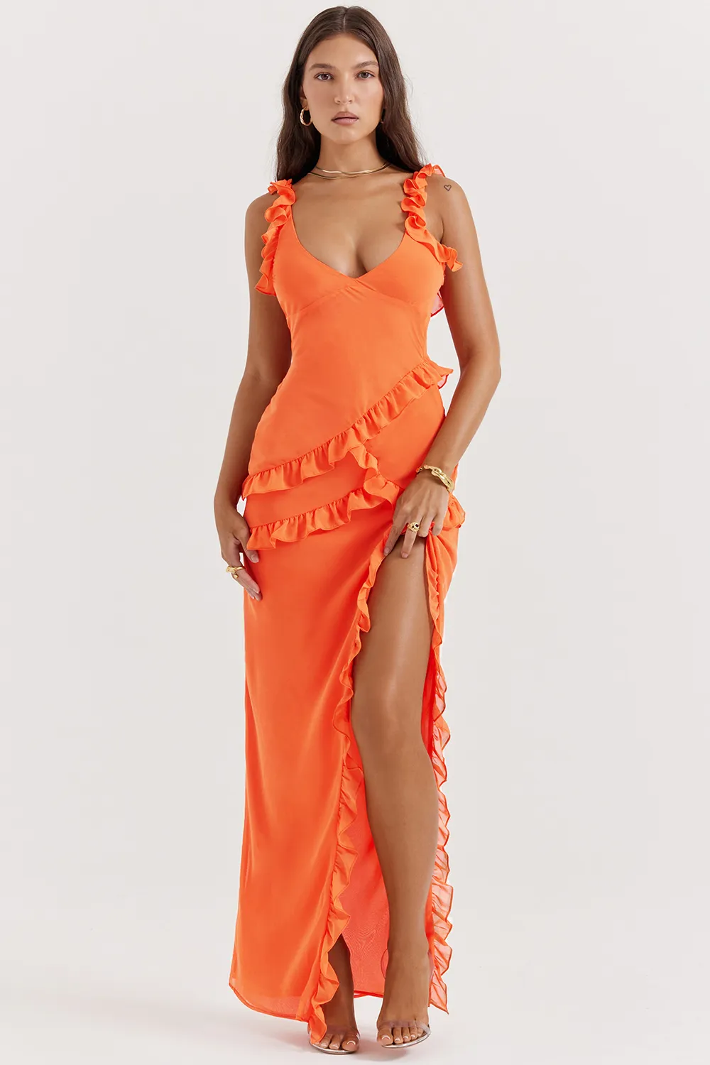 FLAME ORANGE RUFFLE MAXI DRESS