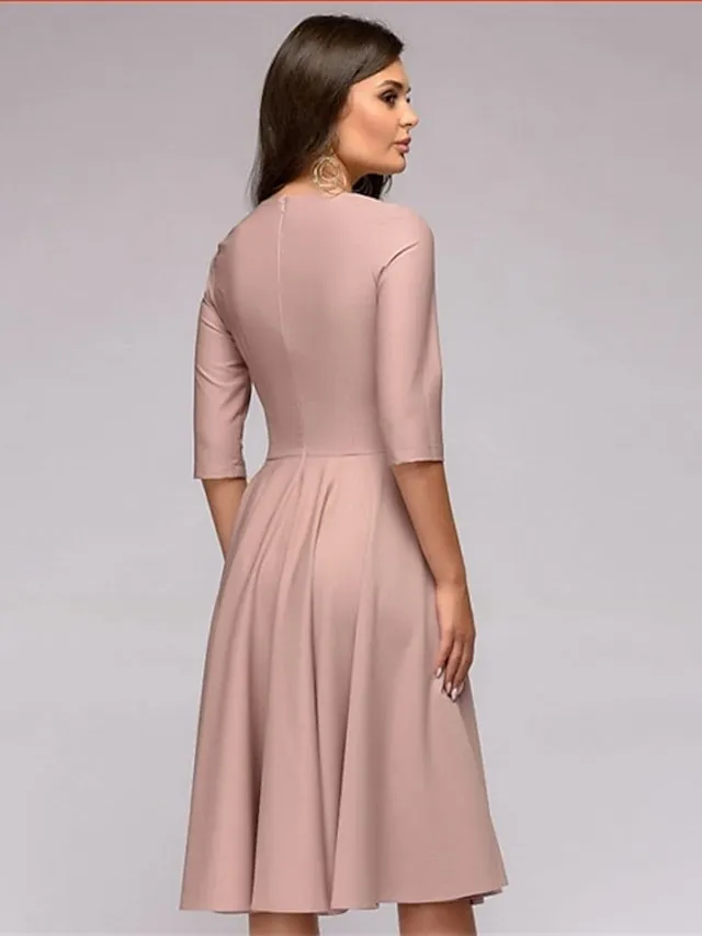 Women's A Line Dress Knee Length Dress Dark Green Navy Blue Beige 3/4 Length Sleeve Pure Color Lace up Fall Spring Round Neck Stylish Elegant Casual Party Slim 2023 S M L XL XXL