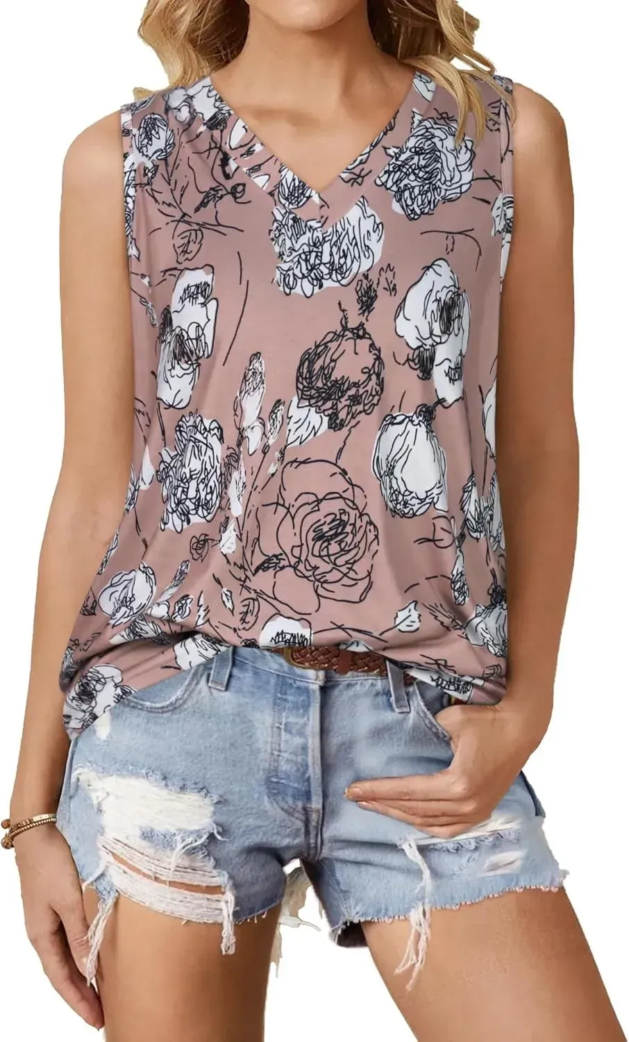 Summer Tops for Women Sleeveless V Neck Tshirt Loose Fit Casual Tank Tunic Blouse