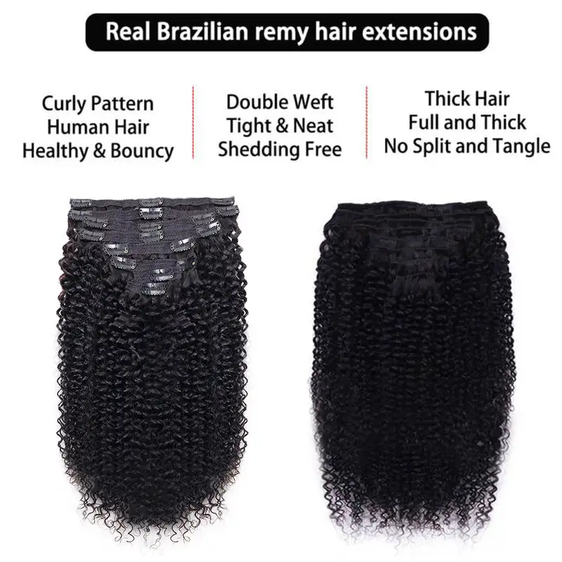 3C/4A Kinky Curly Clip In Hair Extensions For Black Women Remy Human Hair 8pcs With 18 Clips