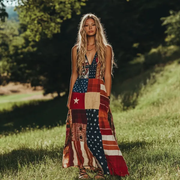 Women's Vintage Independence Day Print Linen Tank Dress