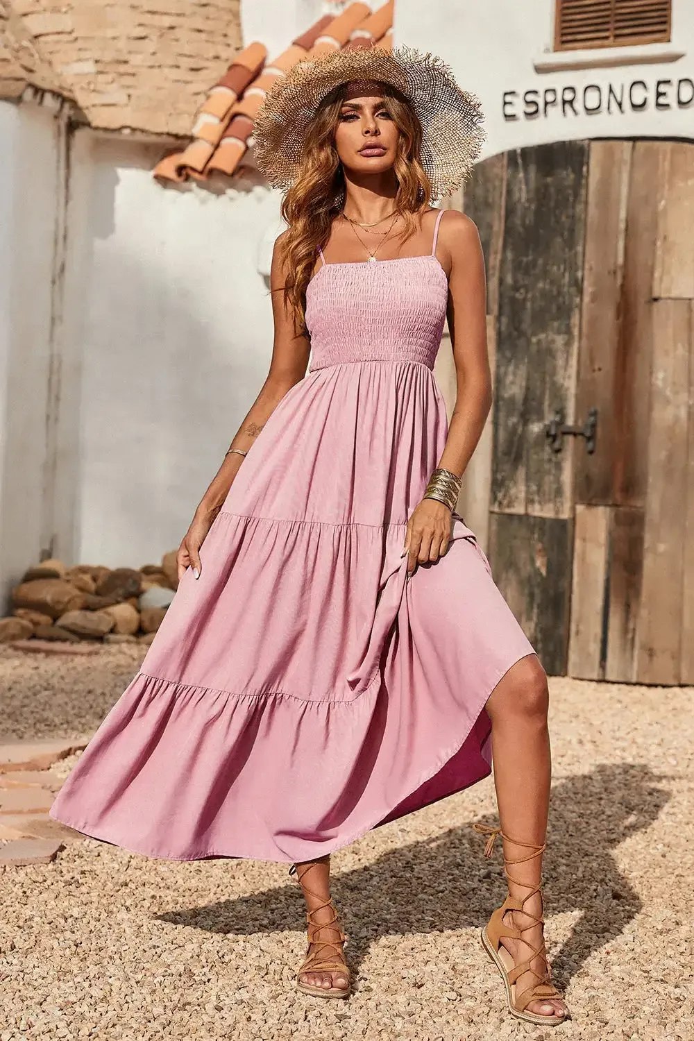 Sleeveless Spaghetti Strap Smocked Tiered Maxi Dress