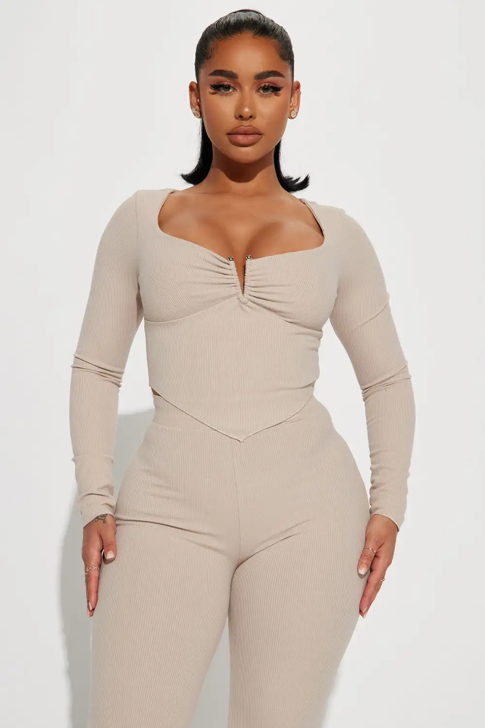 Looking Away Ribbed Pant Set - Beige