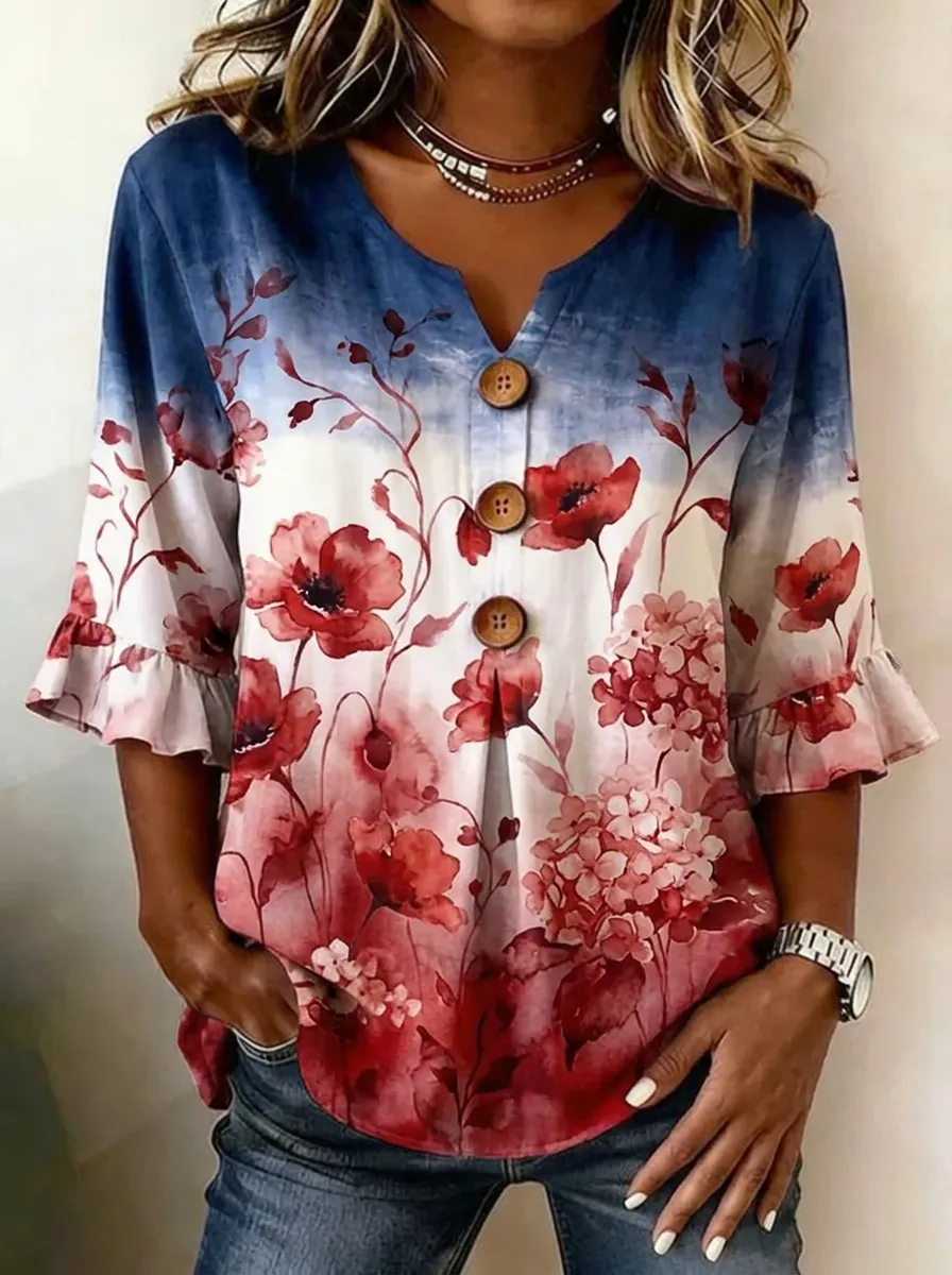 Women's Nashville Floral Poppy Printed Button V-Neck Top