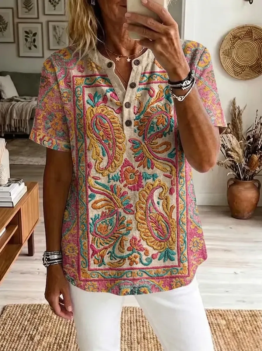 Women's Nashville Boho Paisley Printed Henley Shirt