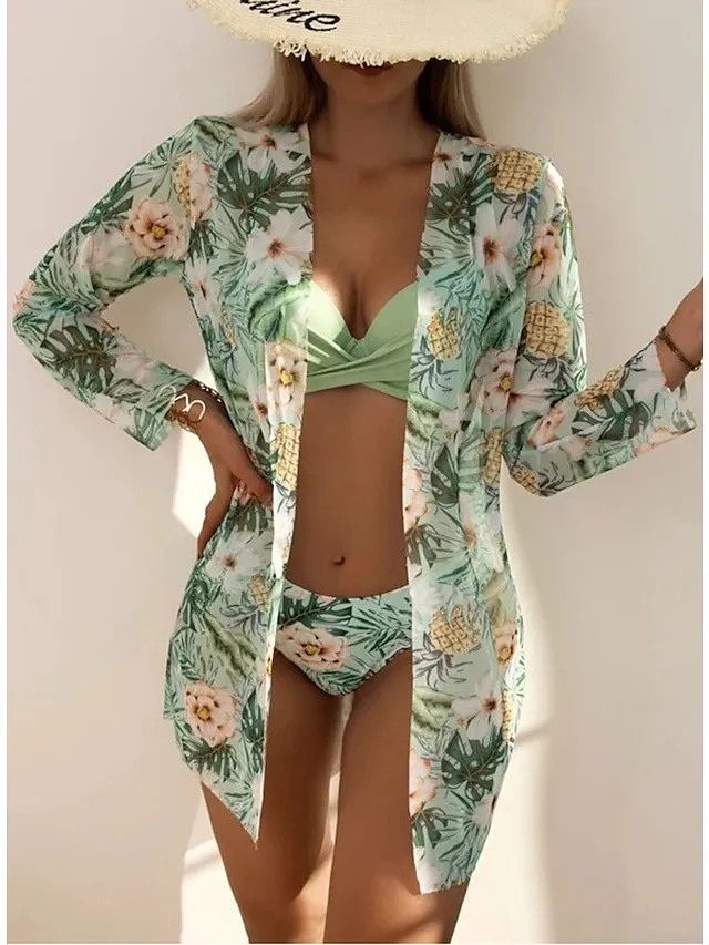 Women's Swimwear Bikini Three Piece Normal Swimsuit 2 Piece Open Back Sexy Printing Leaves Pink Blue Orange Green V Wire Bathing Suits New Vacation Fashion