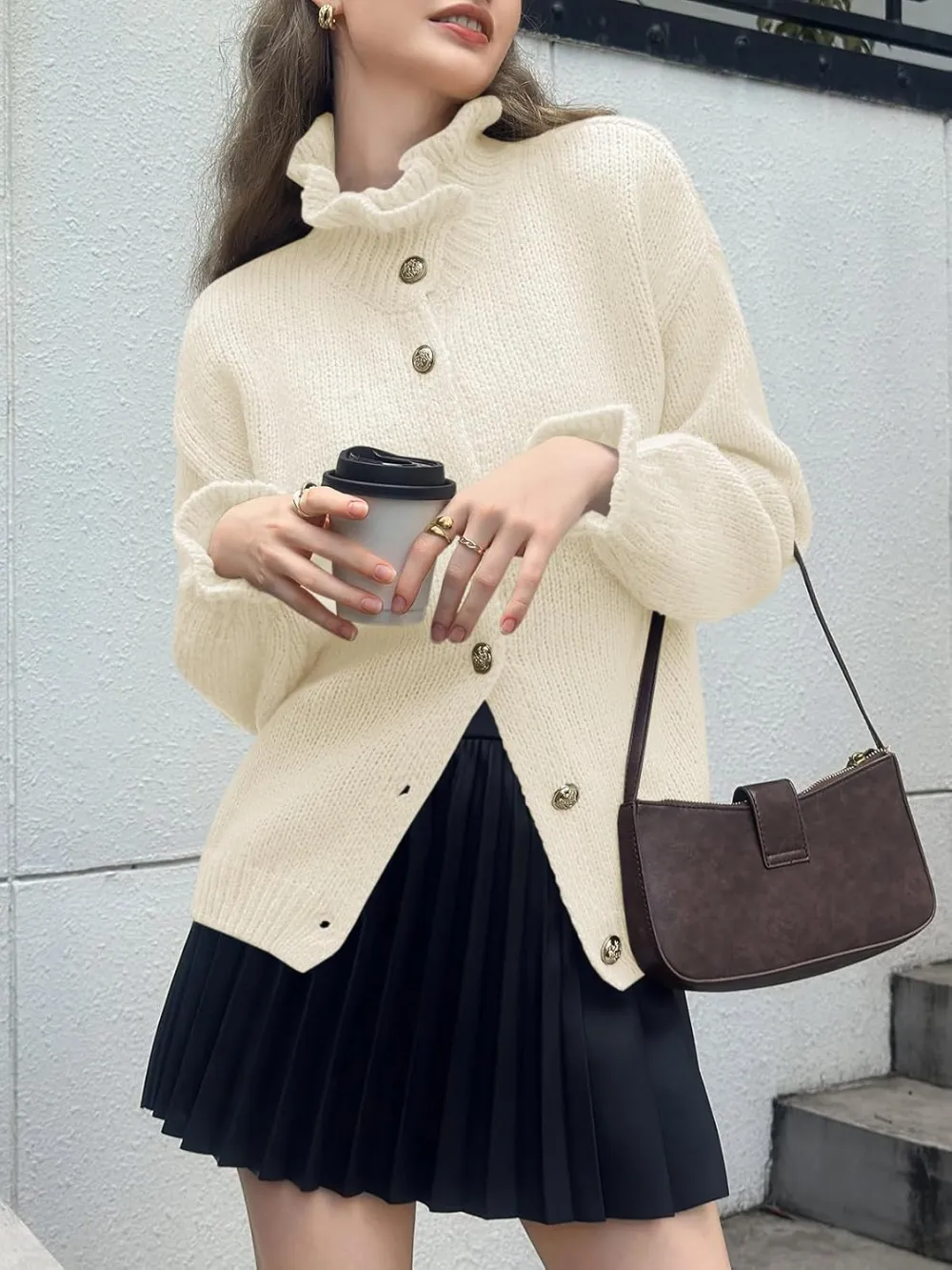 🎄Hot Sale Ruffle Cardigan Oversized Button Up Ribbed Knit Open Front Long Sleeve Loose Sweater