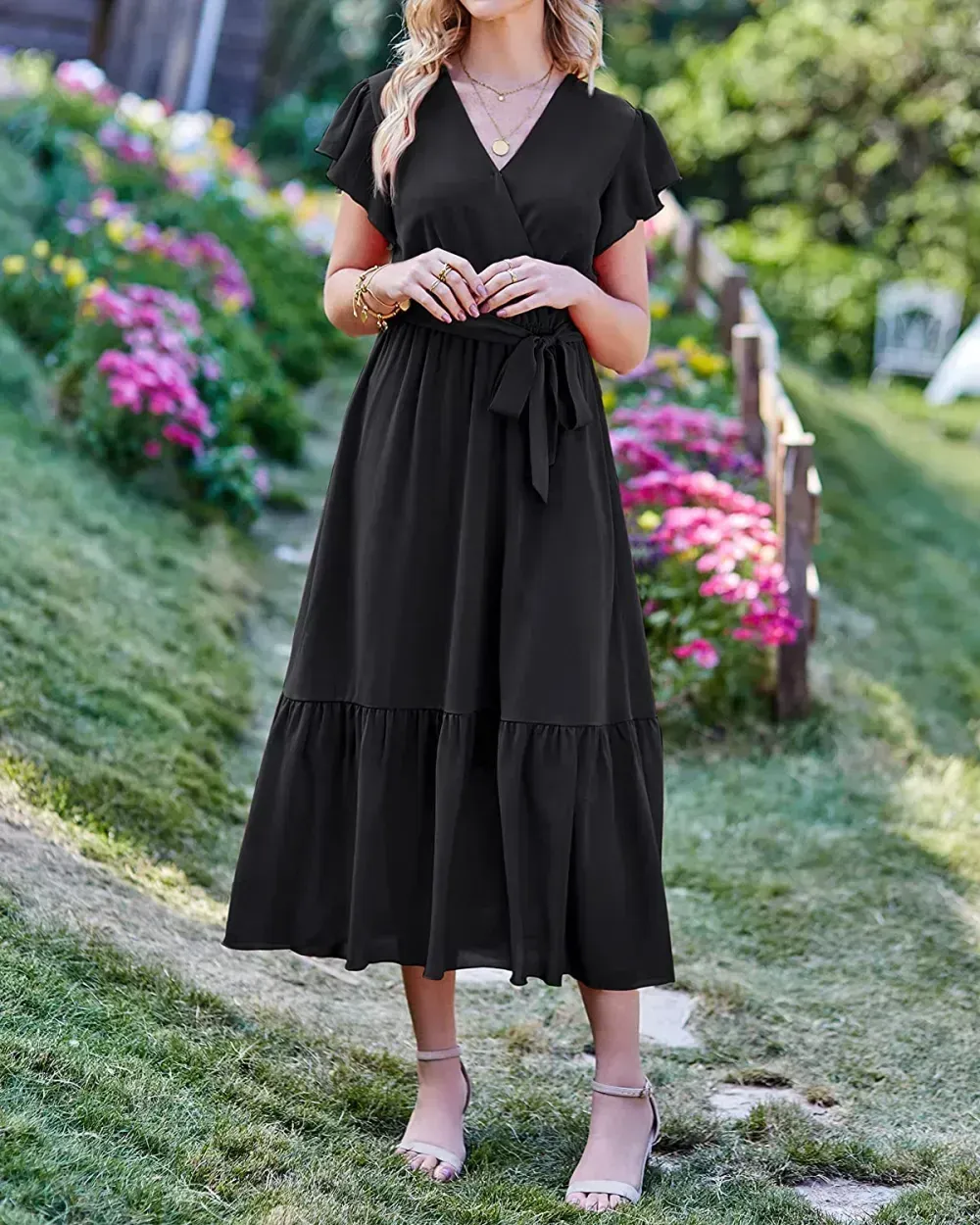 Women Summer Bohemian Floral Casual Wrap V Neck Ruffle Cap Sleeveless Belt A-Line Pleated Hem Swing Midi Sun Dress