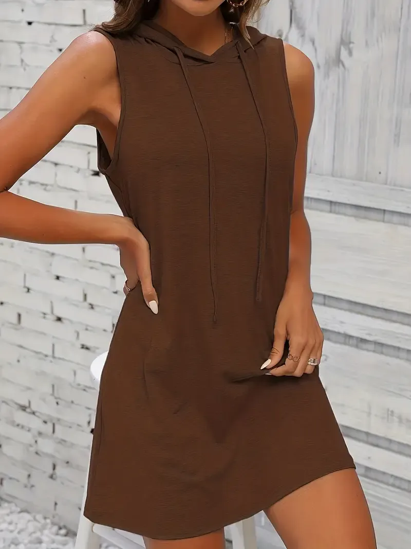 Drawstring Sleeveless Hooded Dress - Casual Dress For Spring & Summer - Women's Clothing - Lightweight & Breathable Fabric - Perfect for Casual Outings & Everyday Wear - Ideal Gift for Women