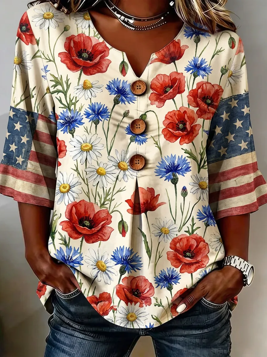 Women's Nashville USA Flag Poppy Daisy Floral Printed V-neck Top